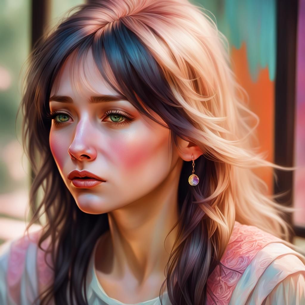 Crying Girl Portrait in Art Nouveau Style