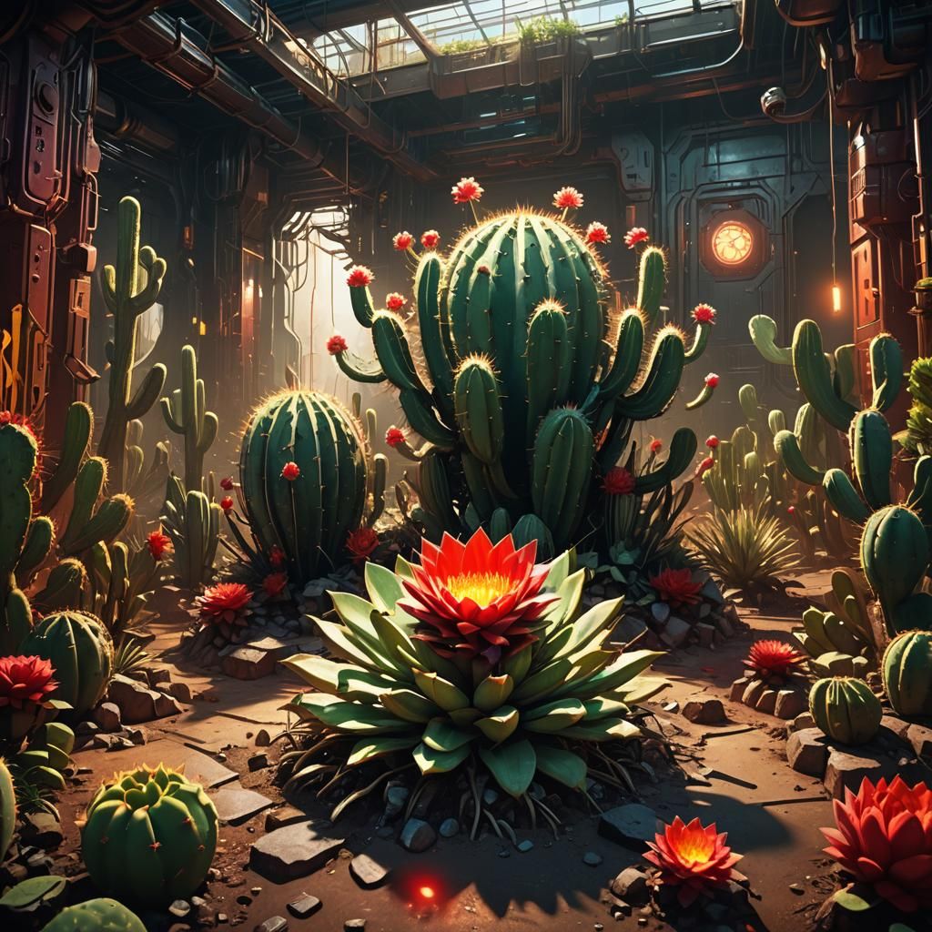 Futuristic Cactus with Mangoes and Mechanical Elements