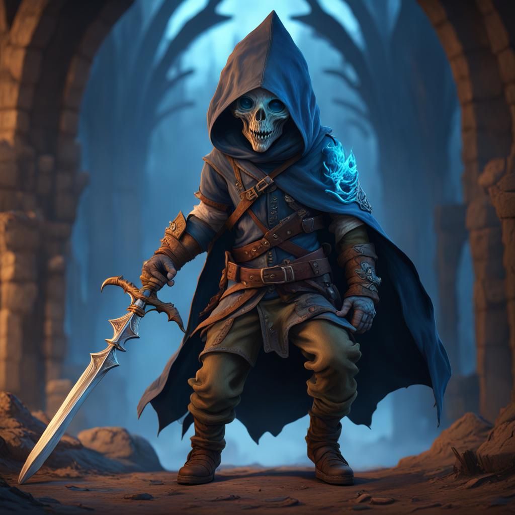Halfling Rogue with Skeleton Mask in Detailed Matte Painting