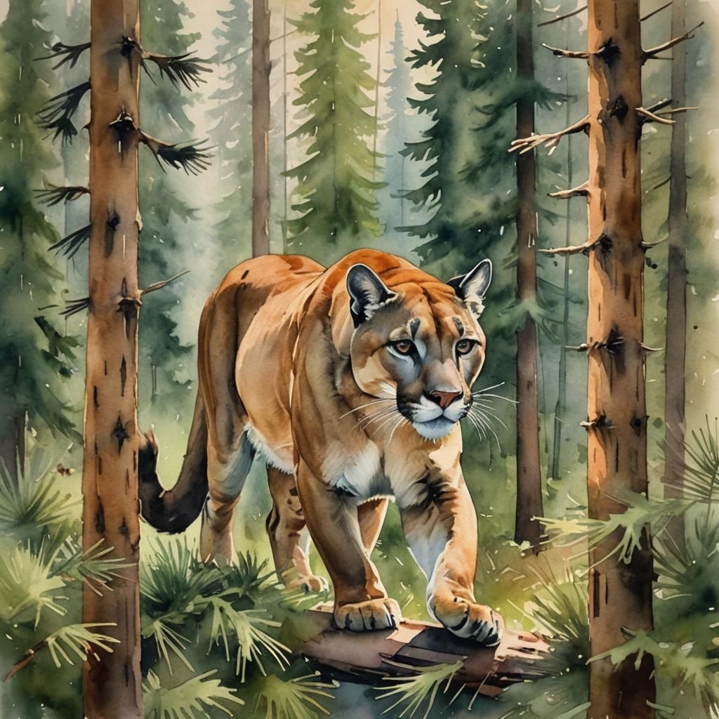 Cougar in Pine Forest: Watercolor Wildlife Art
