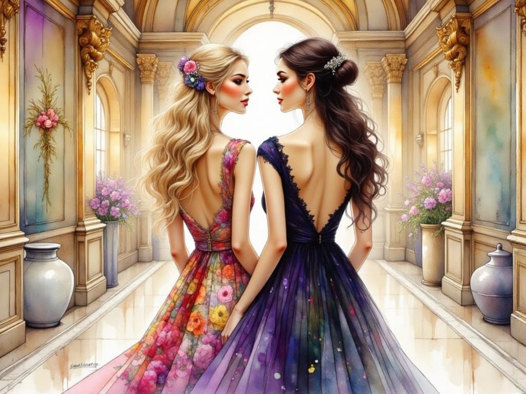 Two Women Awaiting Opera Performance in Watercolor Style