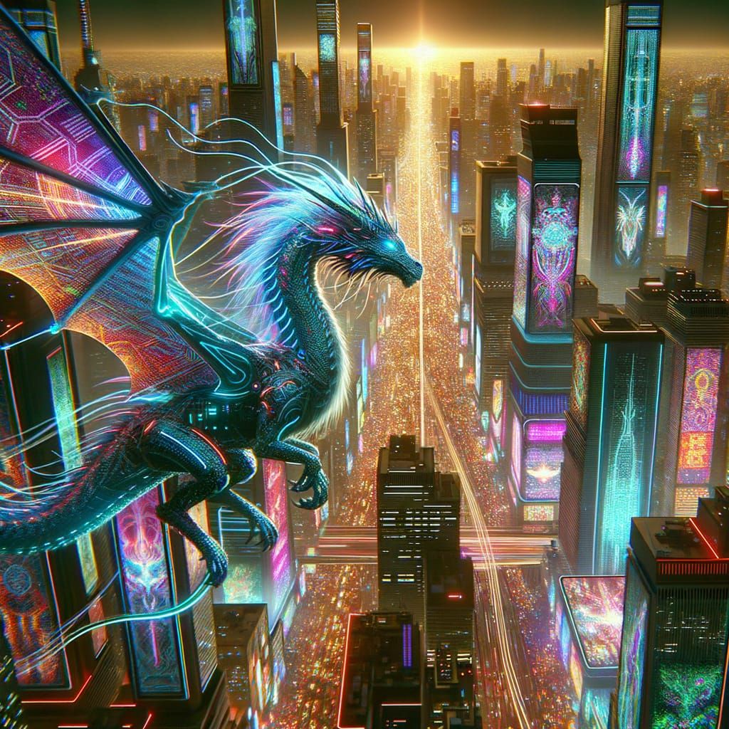 Cyberpunk Dragon Soaring Over Futuristic Cityscape