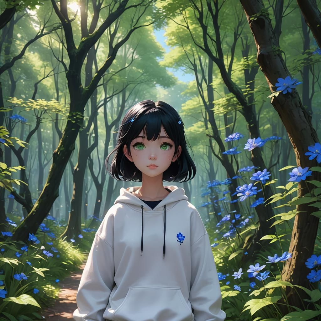 Anime Girl in Blue Forest: 3D Aesthetic Art
