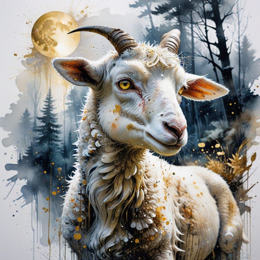 Nervous Lamb Double Exposure Photo in Watercolour Style