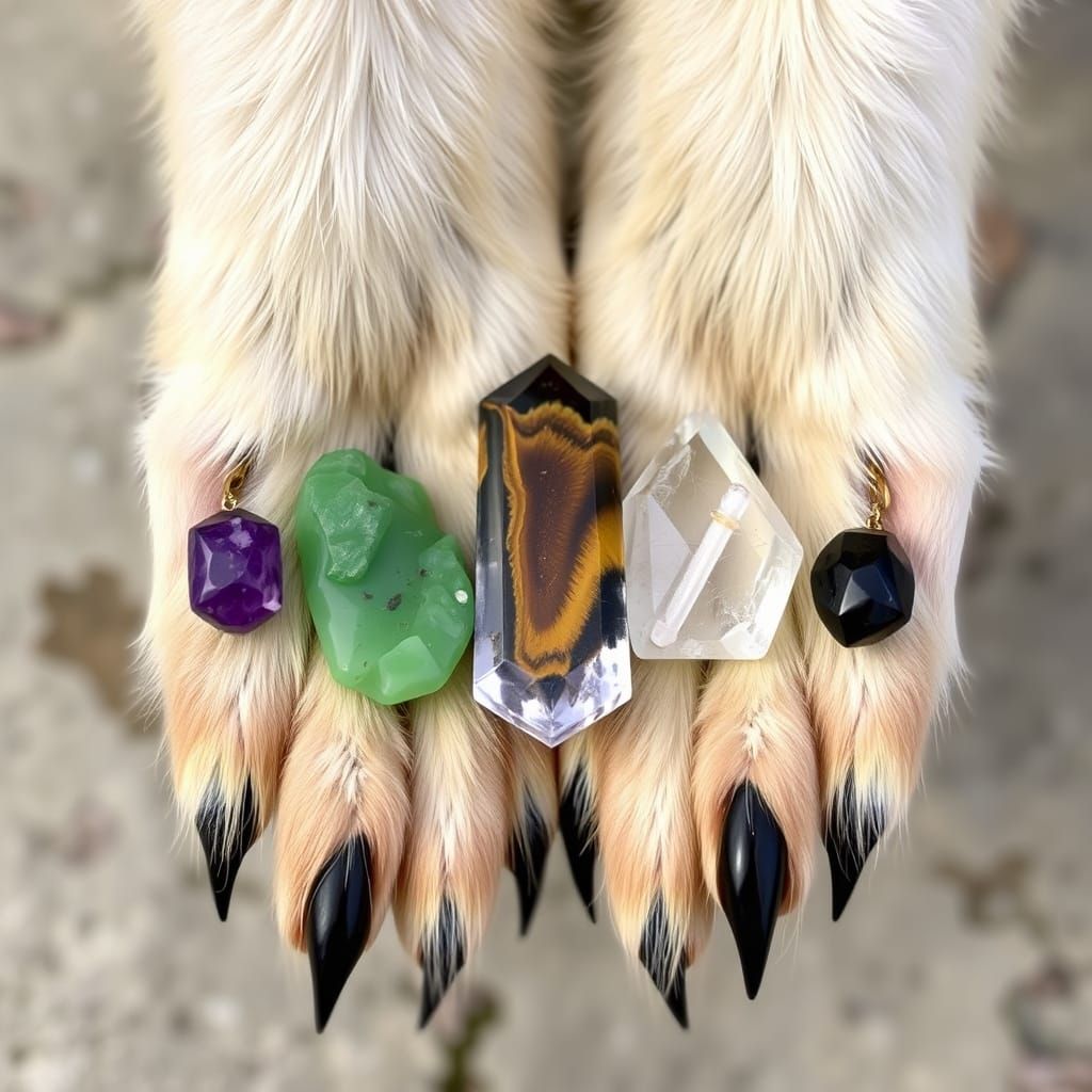 Open wolf's paws holding 5 beautiful crystals: amethyst, jad...