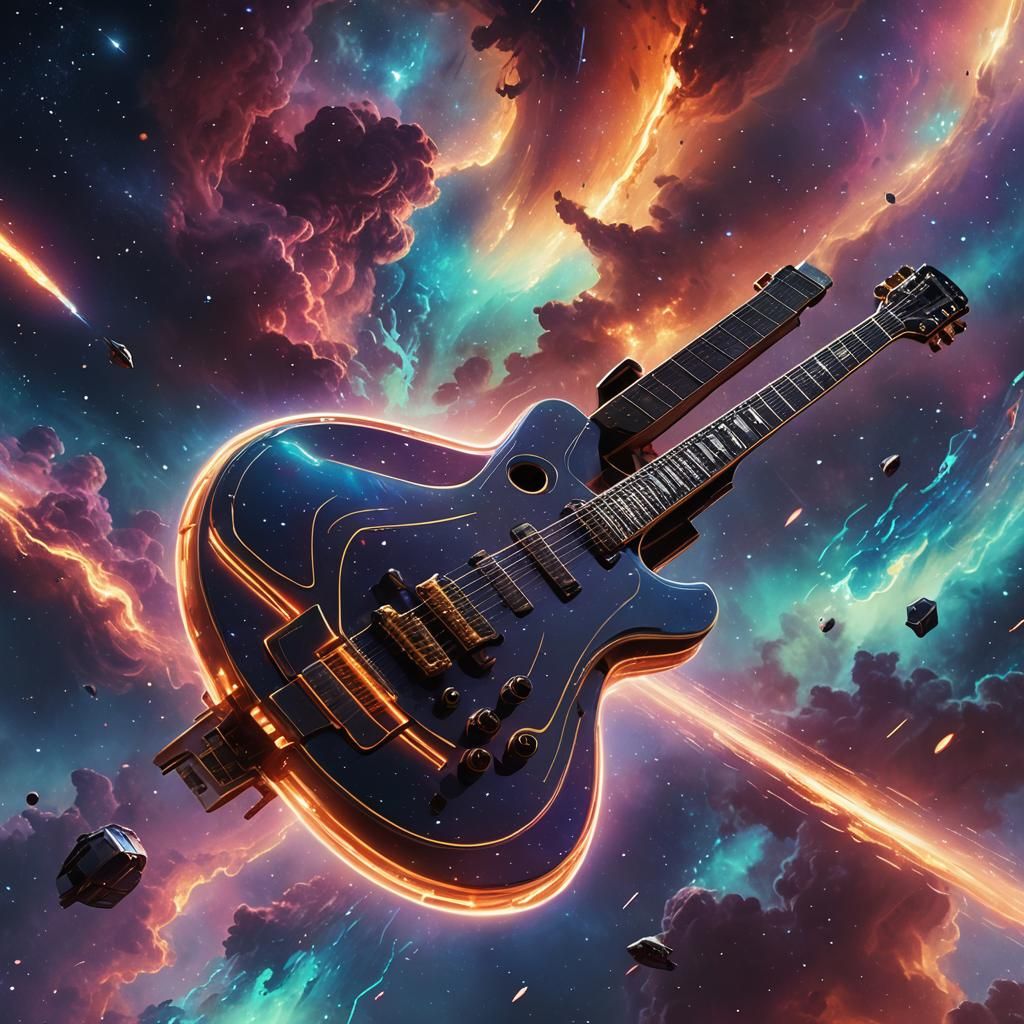 Futuristic Guitar Spaceship Soars Through Neon Nebula