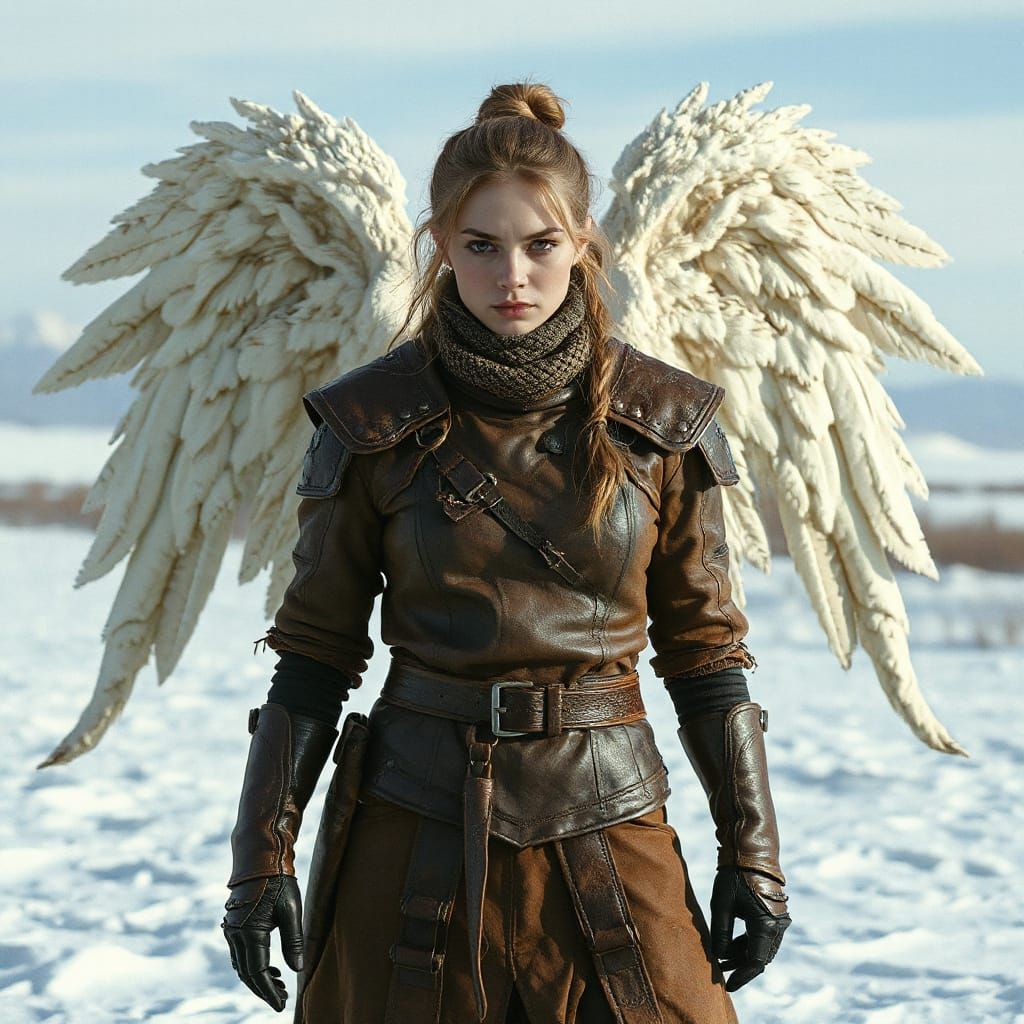 Fierce Frost Angel in Vintage Leather Armor