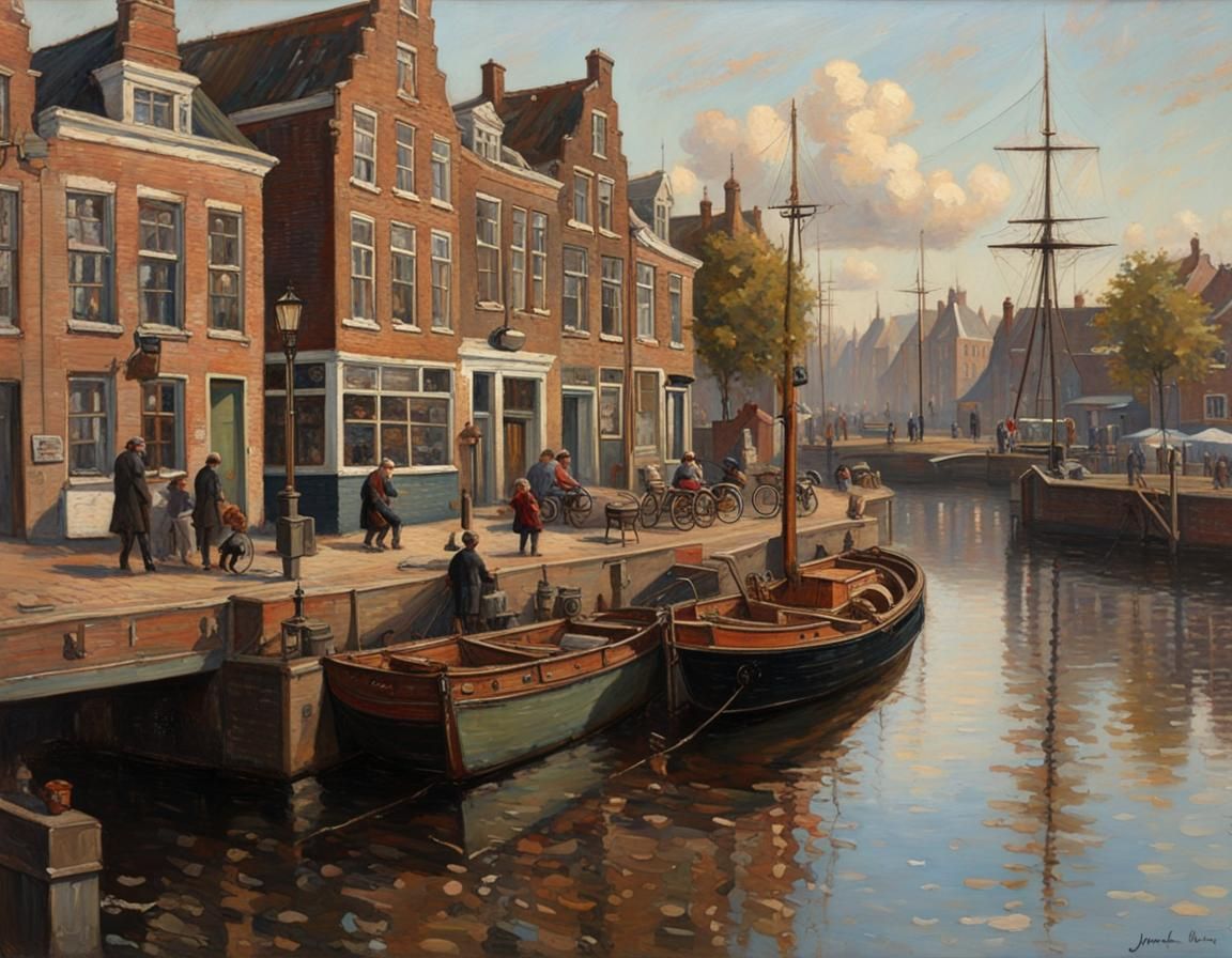 1930s Schiedam Street Scene, Oil Painting