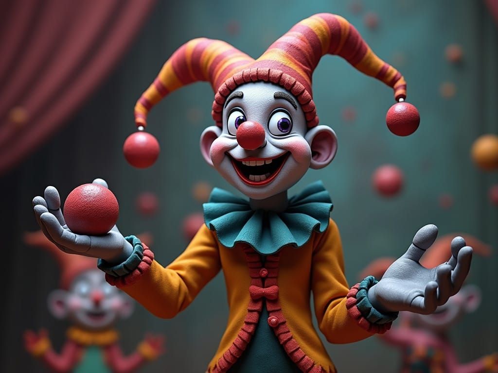 Vibrant Claymation Jester Juggles in Whimsical Fantasy World