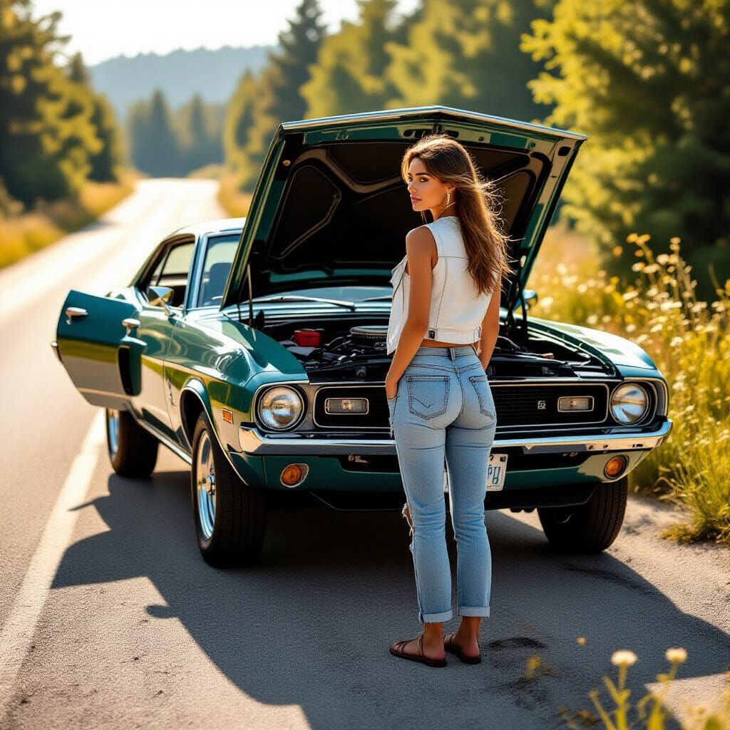 Woman Repairs Muscle Car on Sunlit Summer Road