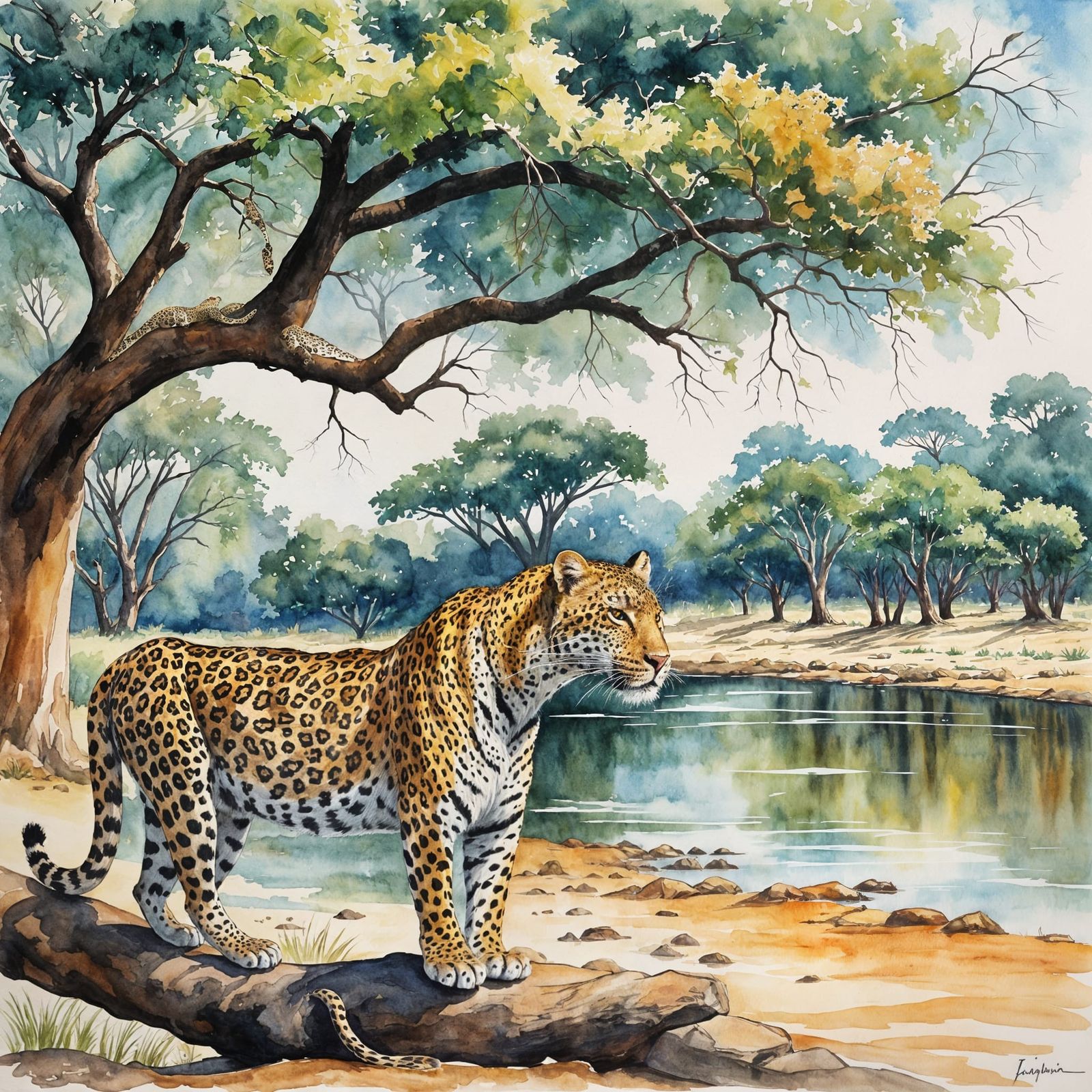 Leopard in Luangwa River: Watercolor Painting