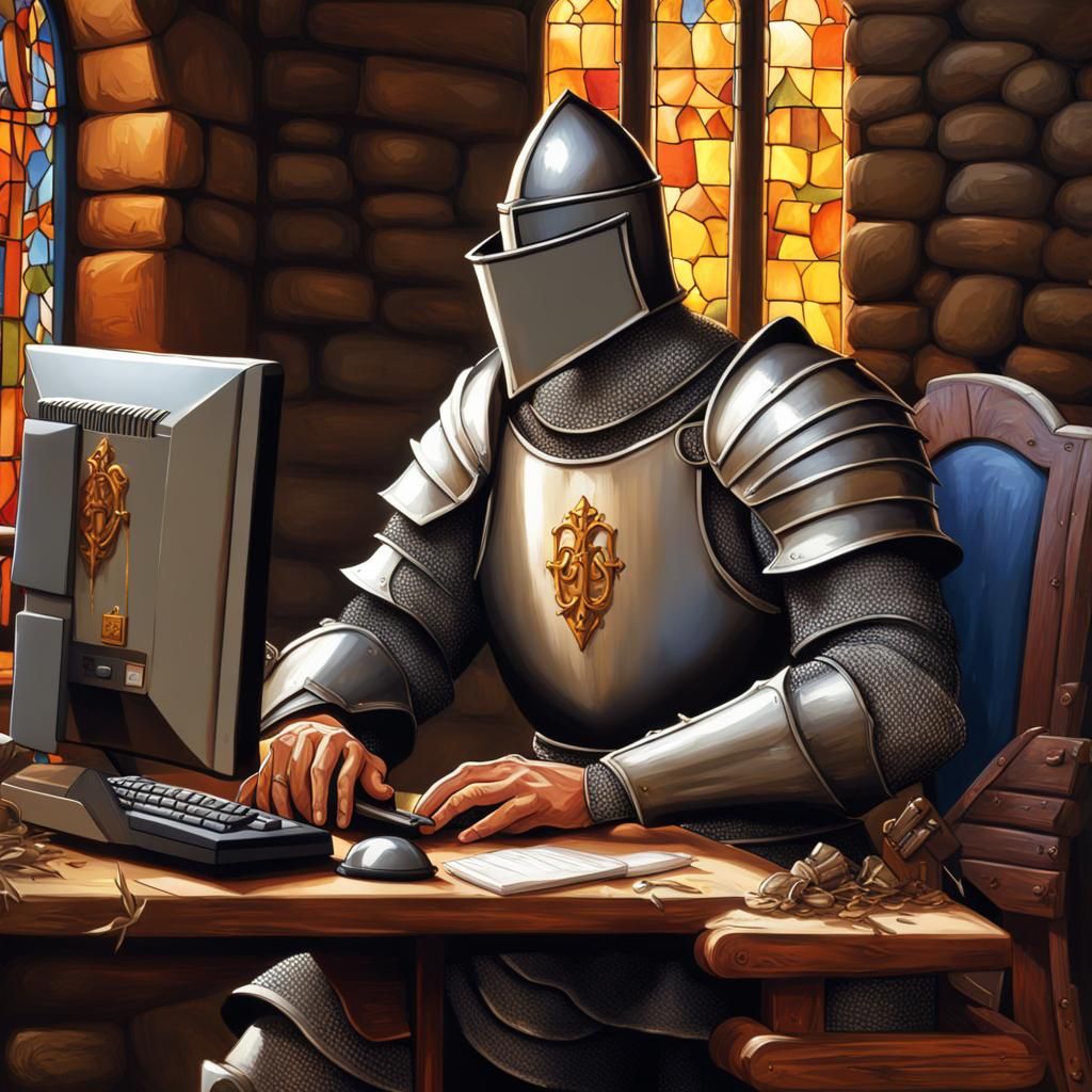 Frustrated Knight and Windows Computer: Hyperrealistic Art