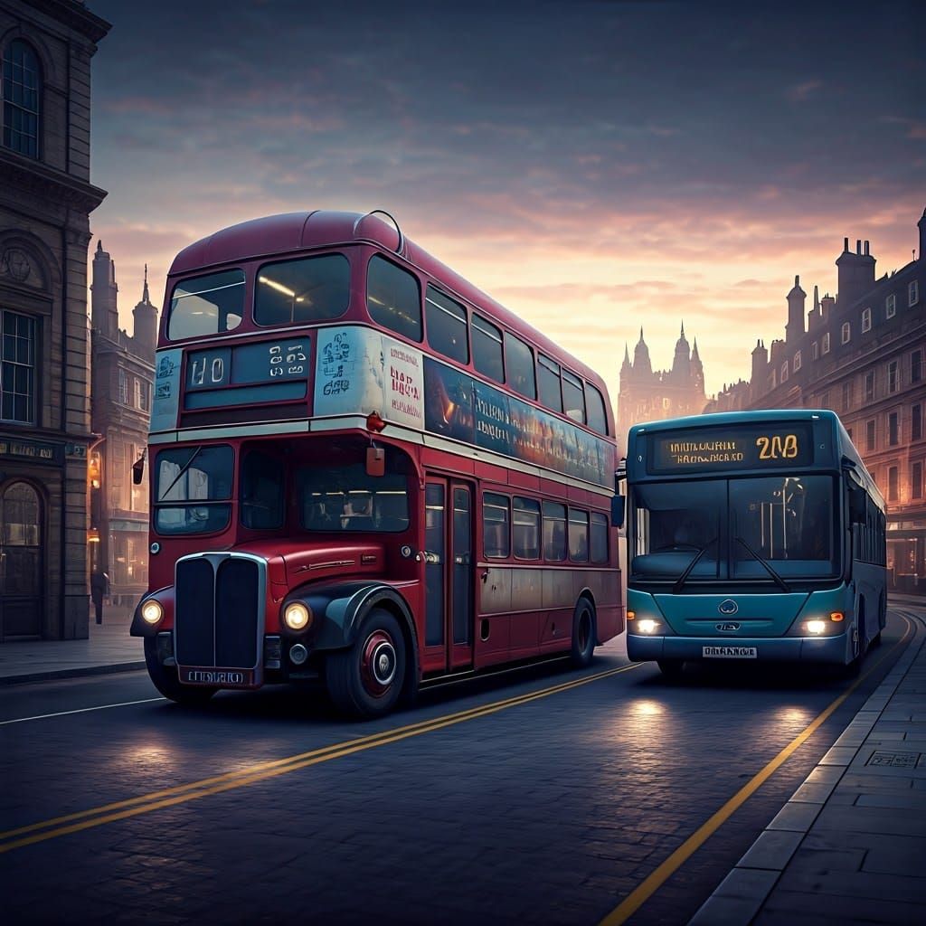 Routemaster Bus Races in a Dystopian Cityscape