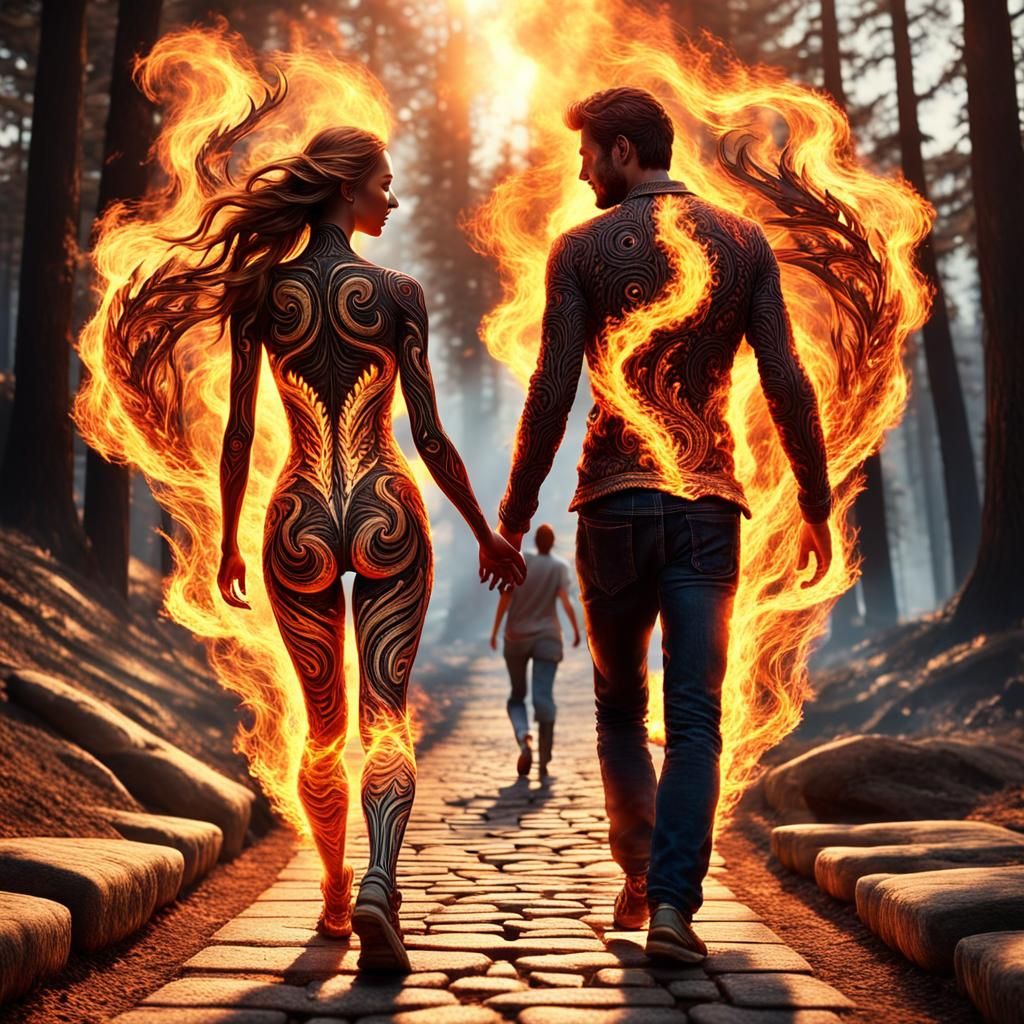 Fiery 3D Couple Walking into Land of Fire