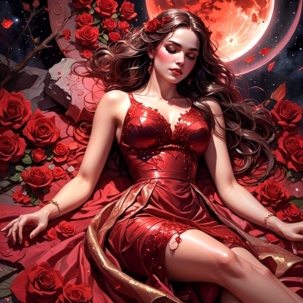 Beautiful Woman in Red Dress Under Red Moon