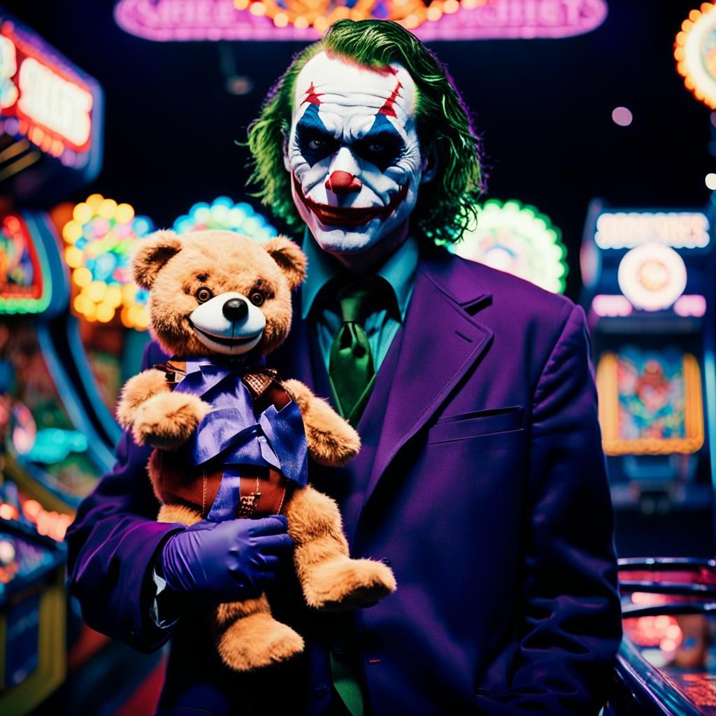 The Joker Wins a Teddy Bear: Cinematic Film Still