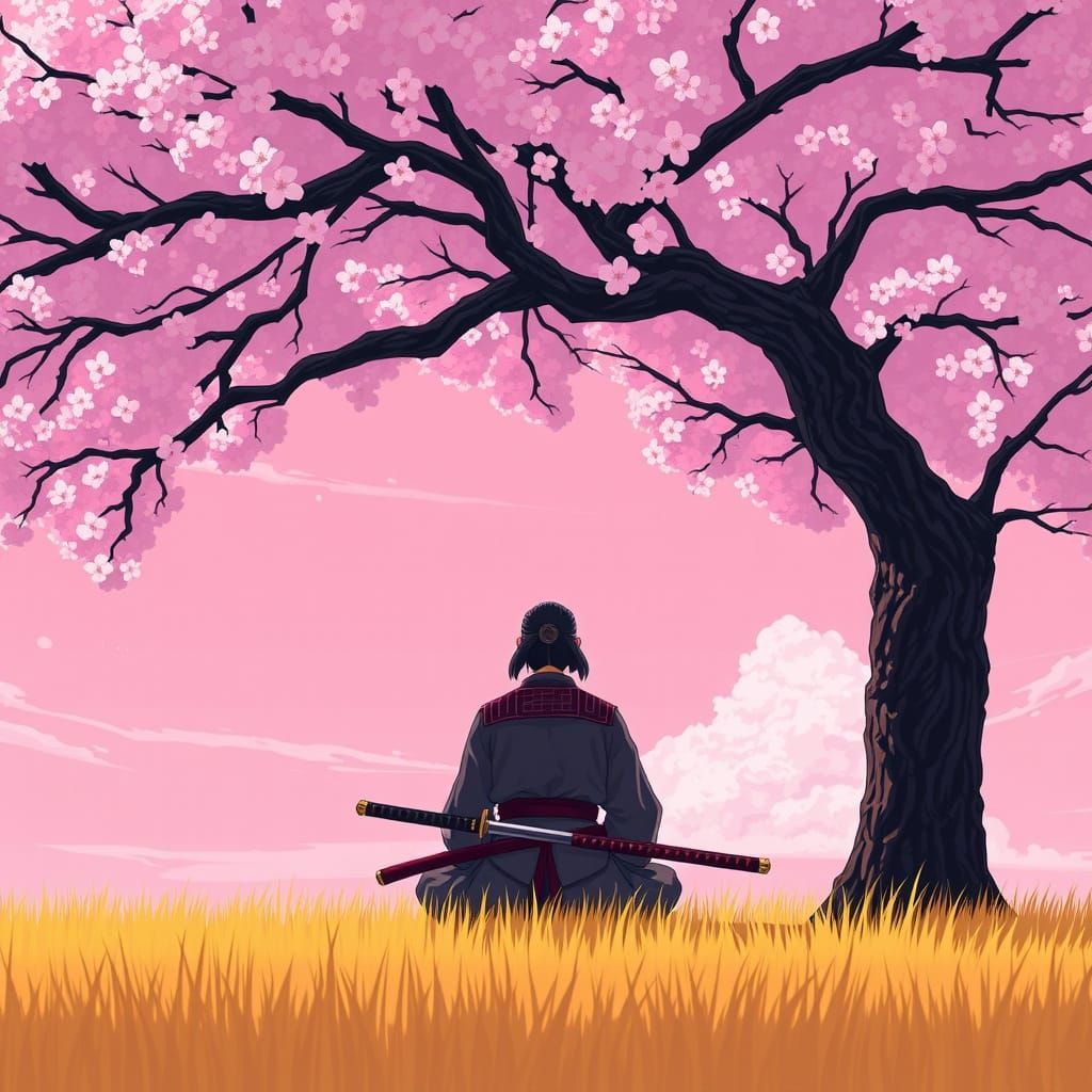 Meditative Samurai in Sakura Glory