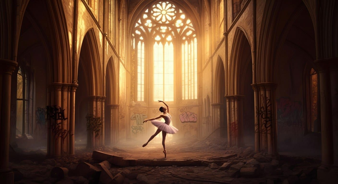 Ballerina Dances in Ruined Gothic Cathedral at Golden Hour