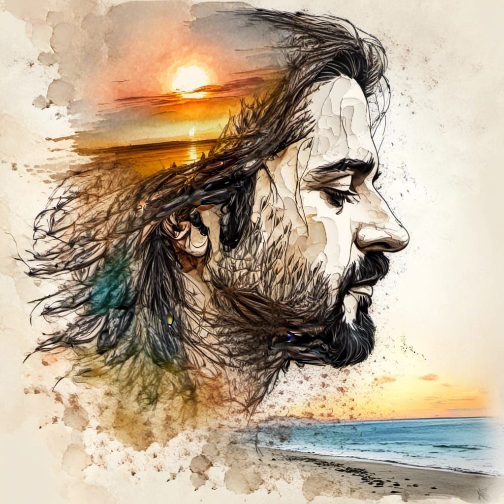 Beach Sunset Double Exposure Splash Art