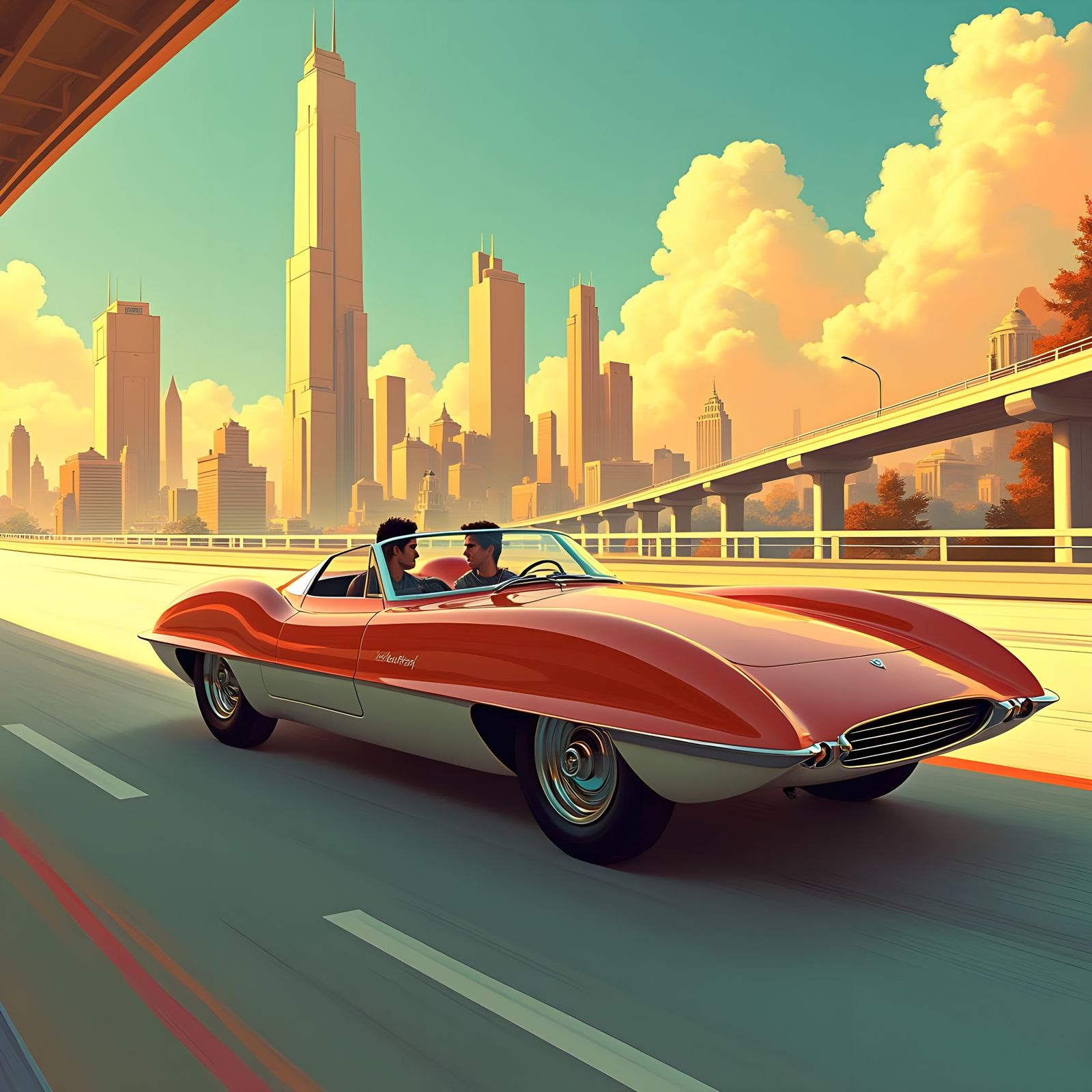Retro-Futuristic Sports Car in a Whimsical Cityscape