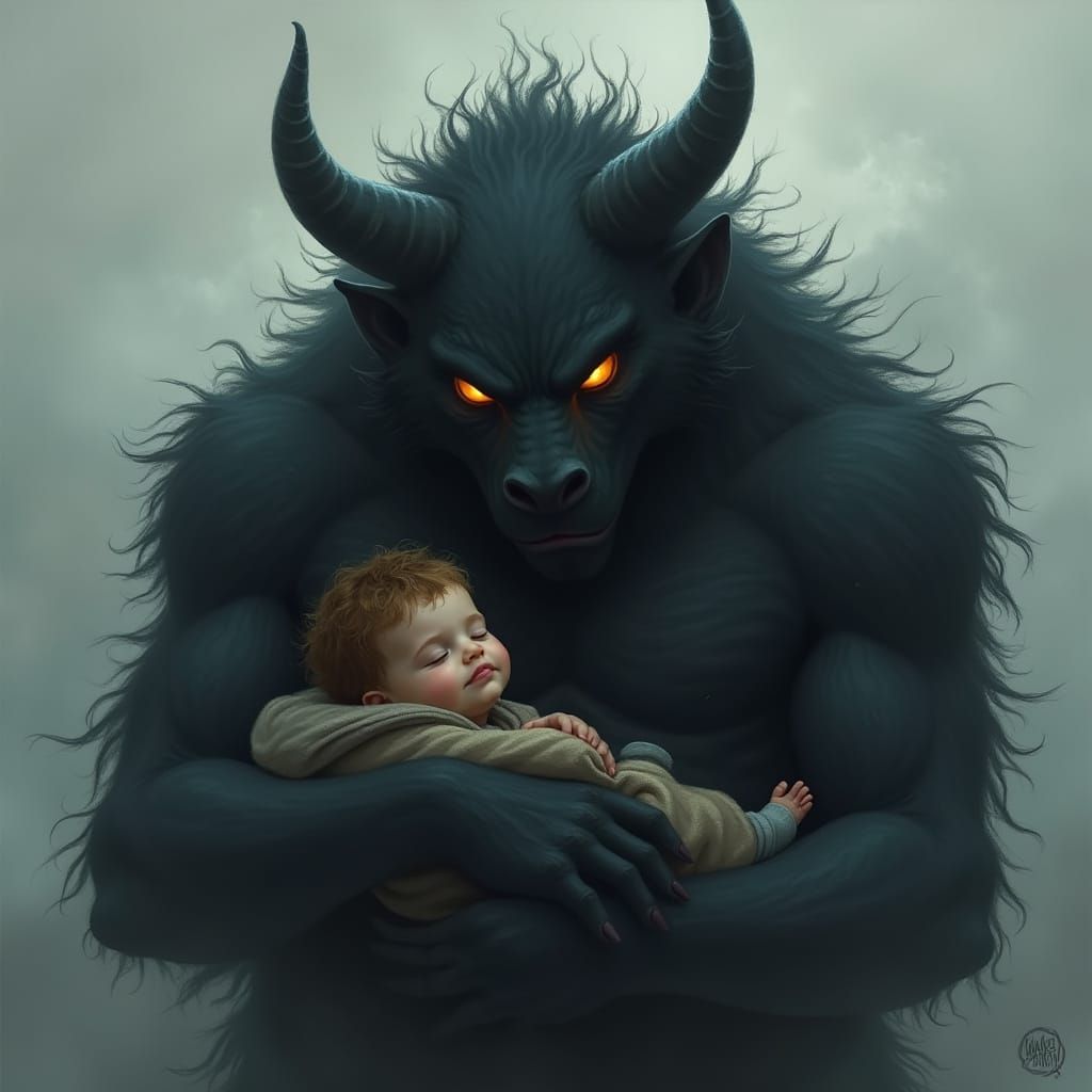 Gentle Smoke Beast Protecting a Child