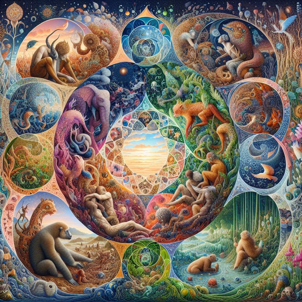 Mythical Beings in Harmony with Nature, Collage Artwork in V...