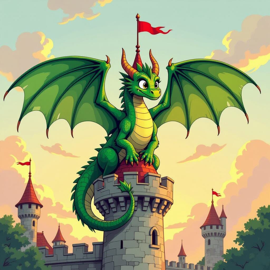 Dragon Tangles Wings on Castle Turret in Whimsical Illustrat...