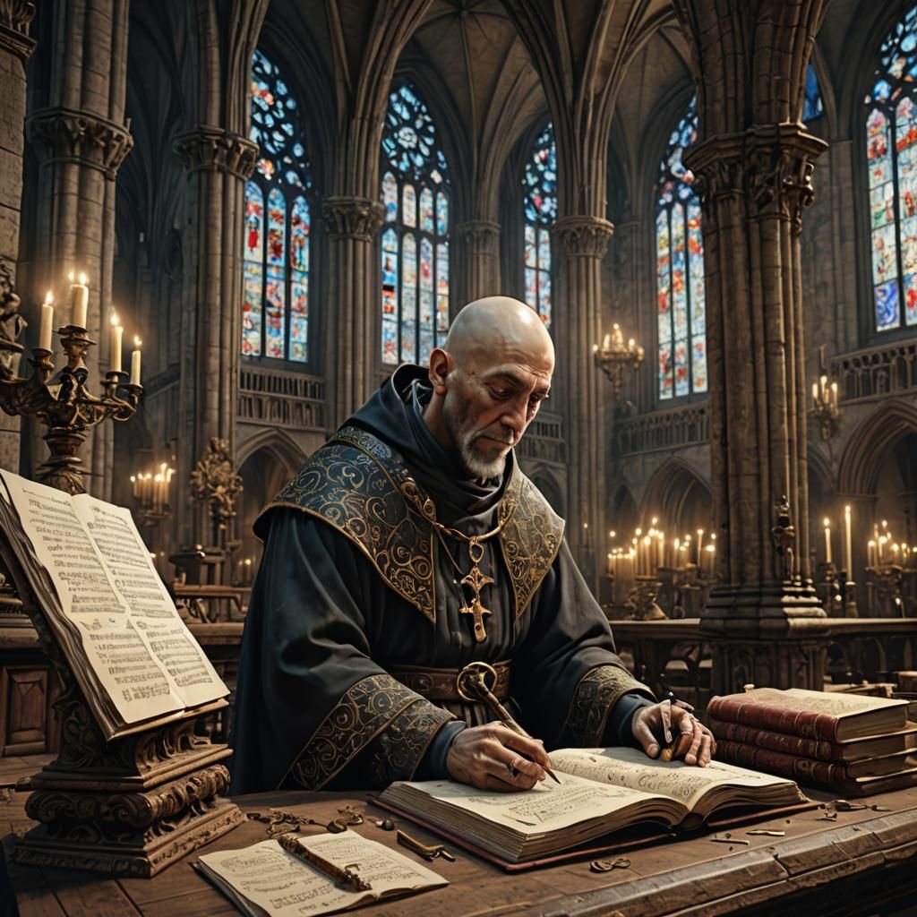15th Century Monk Transcribing Manuscript in Cathedral