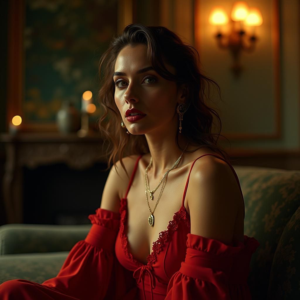 Elegant Woman Posing in Luxurious Setting with Film Grain