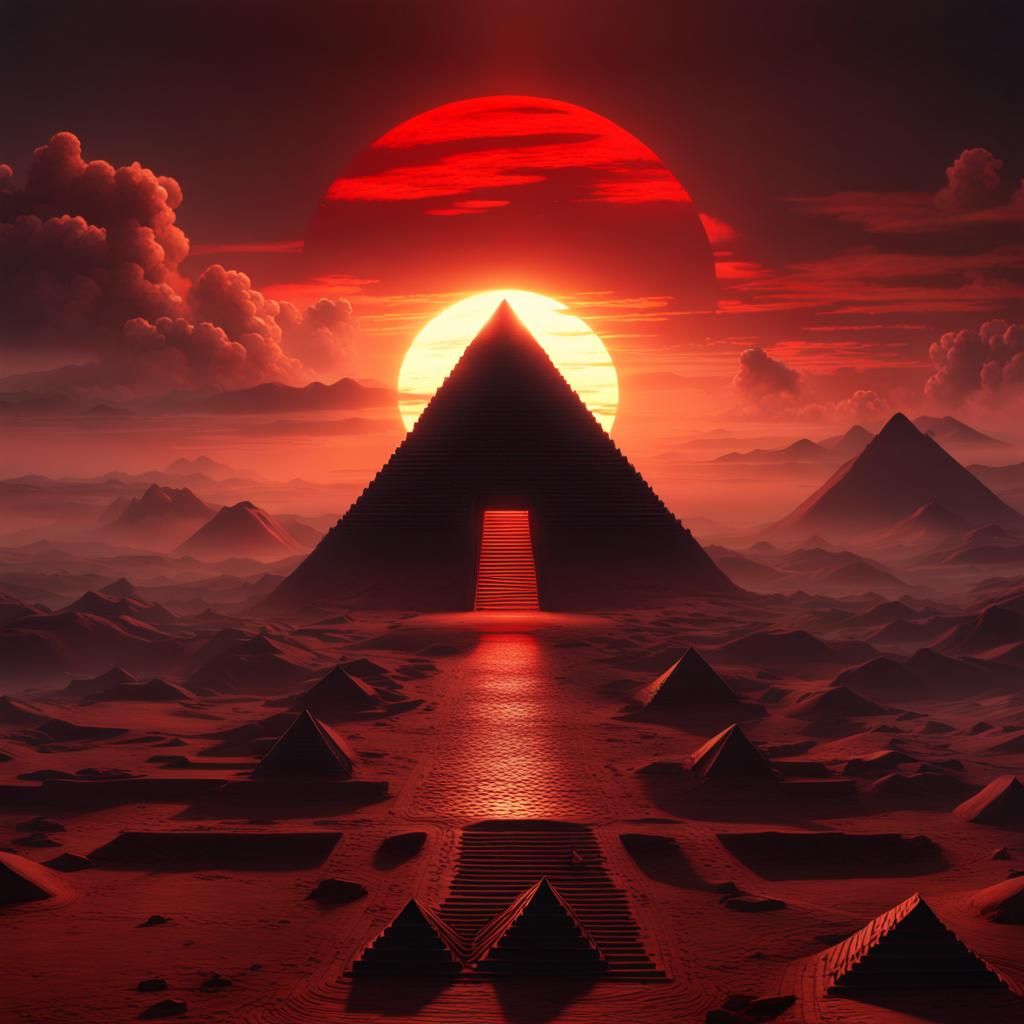 Red Sunset Over Black Pyramid: Fantasy Concept Art