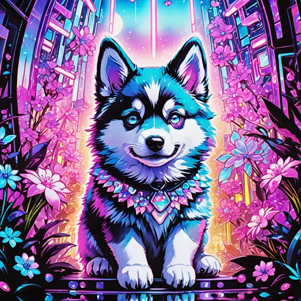 Neon Manga: Husky Puppy in a Futuristic Blossom Garden