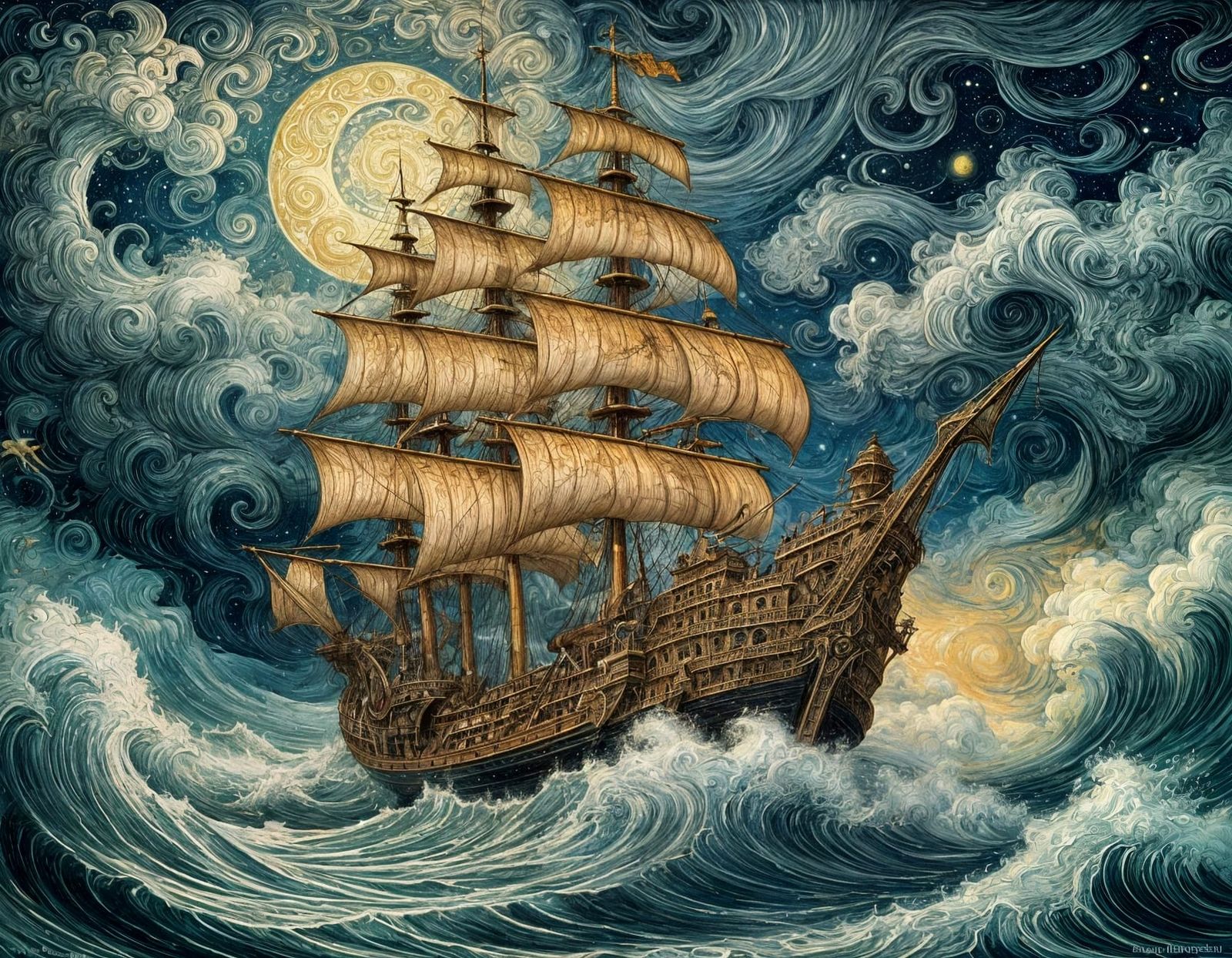 Majestic Galleon Under Starry Skies in Whimsical Style