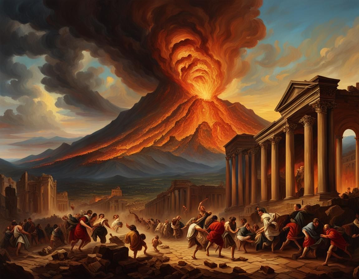 Pompeii Eruption in Baroque Style Painting