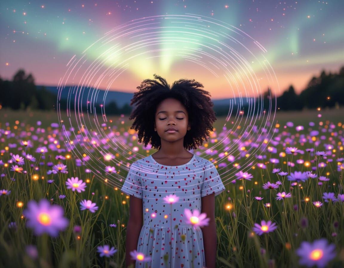 Afrofuturist Girl in Luminous Meadow