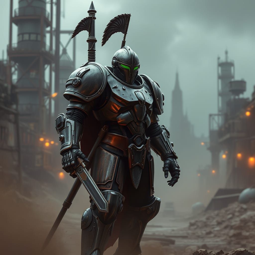 Dystopian Knight in Steampunk Power Armor