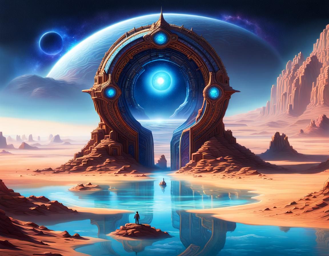 Cosmic Time Portal over Alien Desert Landscape