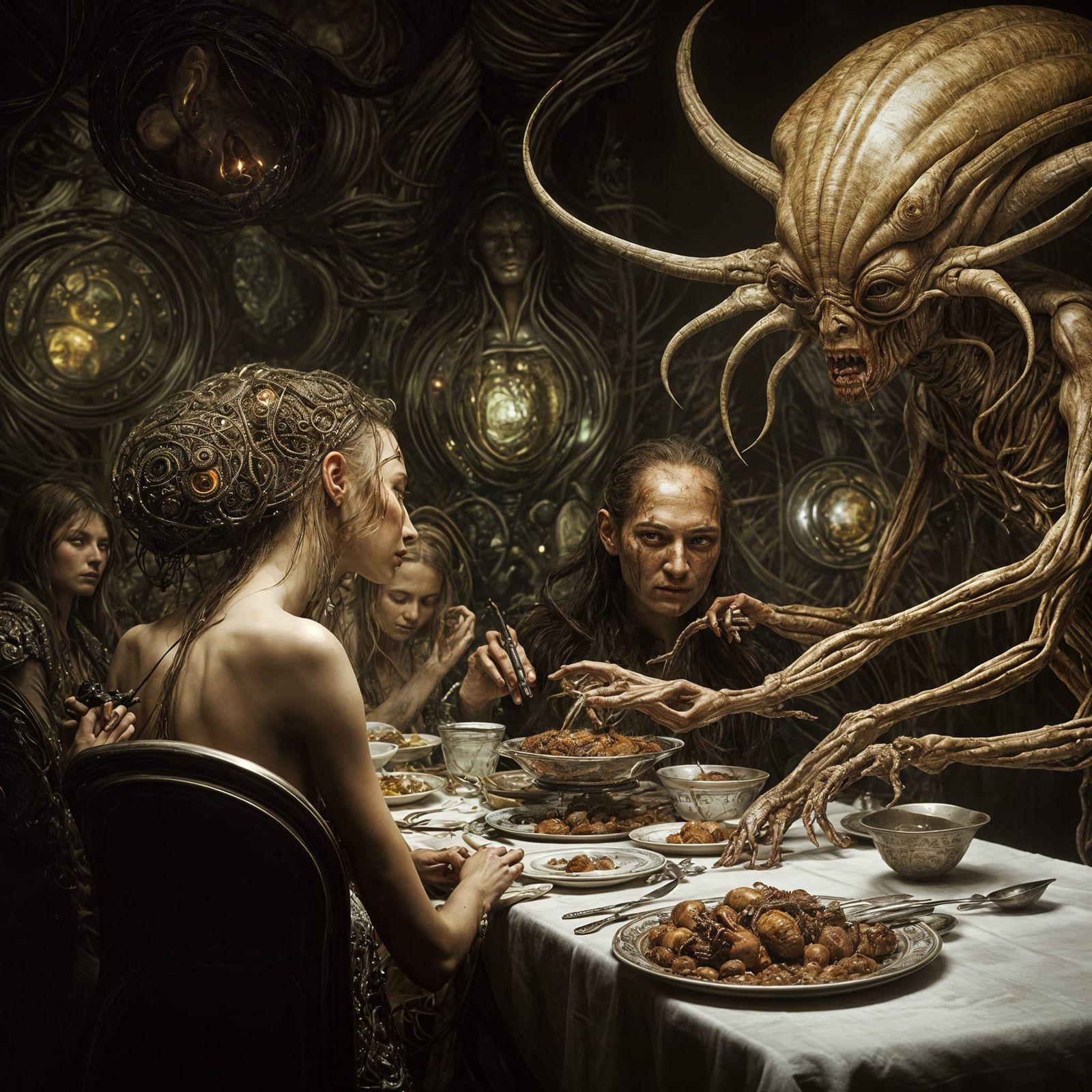Elegant Alien Beings Feast on Bizarre Foods in Hyperrealisti...