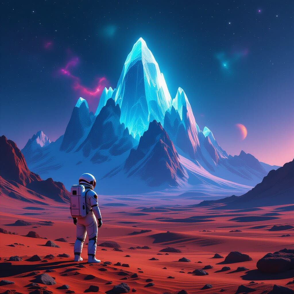 Astronaut on Alien Planet Views Crystal Mountains