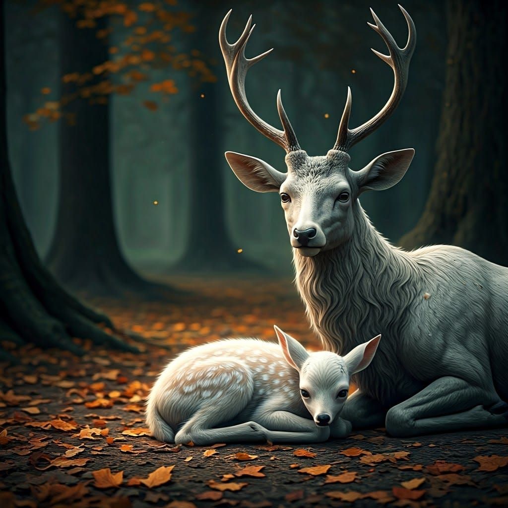 Baby Deer Sleeps Beside Stone Statue: Hyper-Realistic CGI