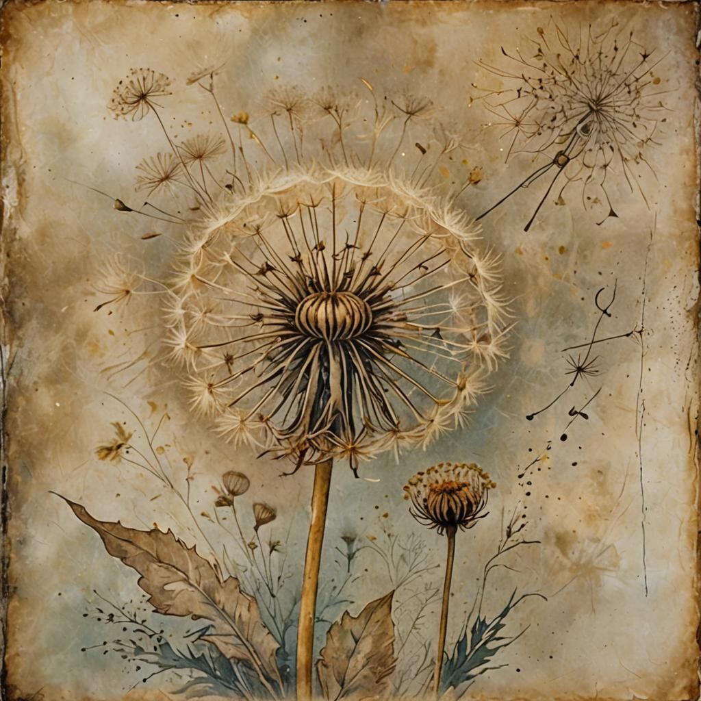 Faded Dandelion on Parchment in Mixed Media