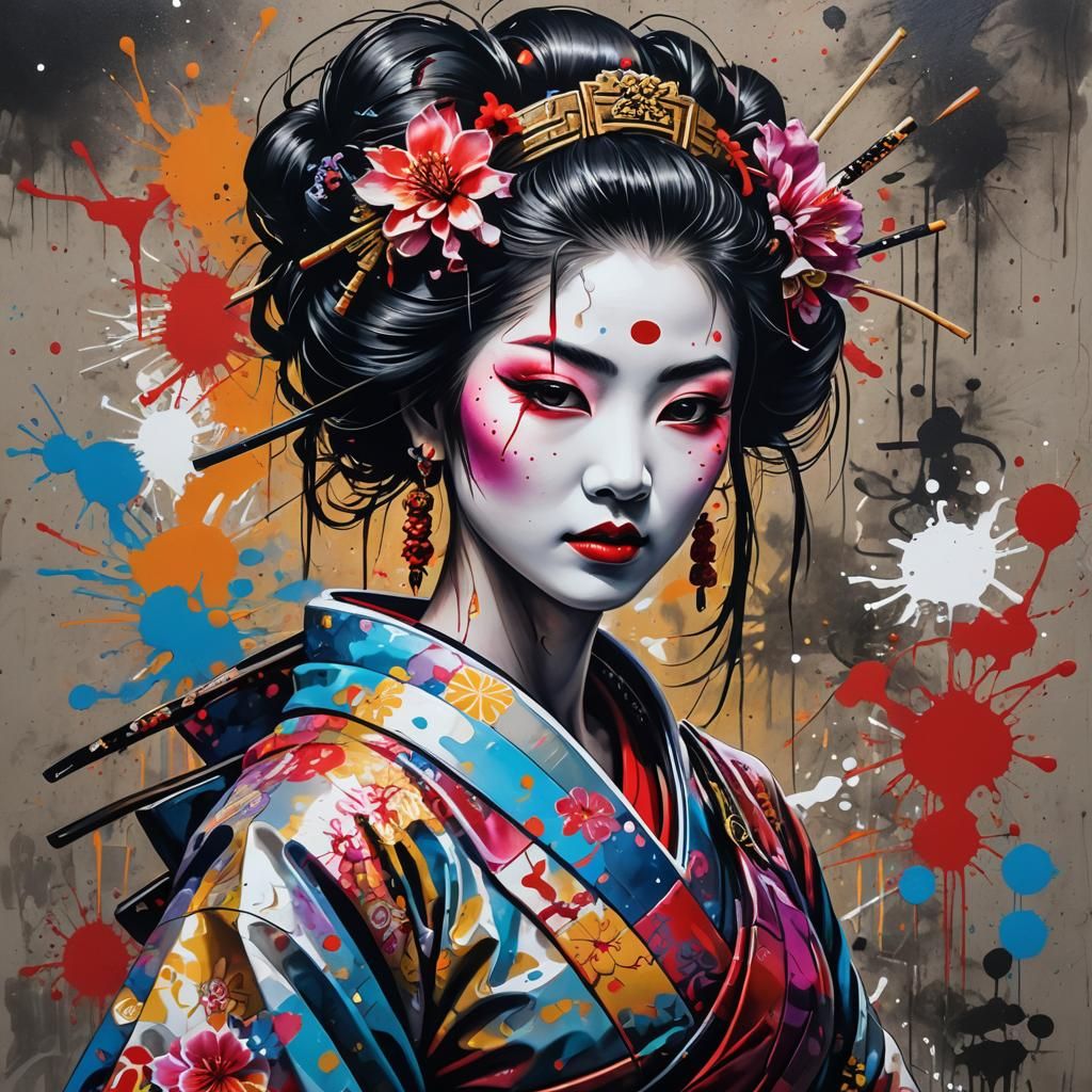 Vibrant Geisha Warrior in Graffiti Art Style