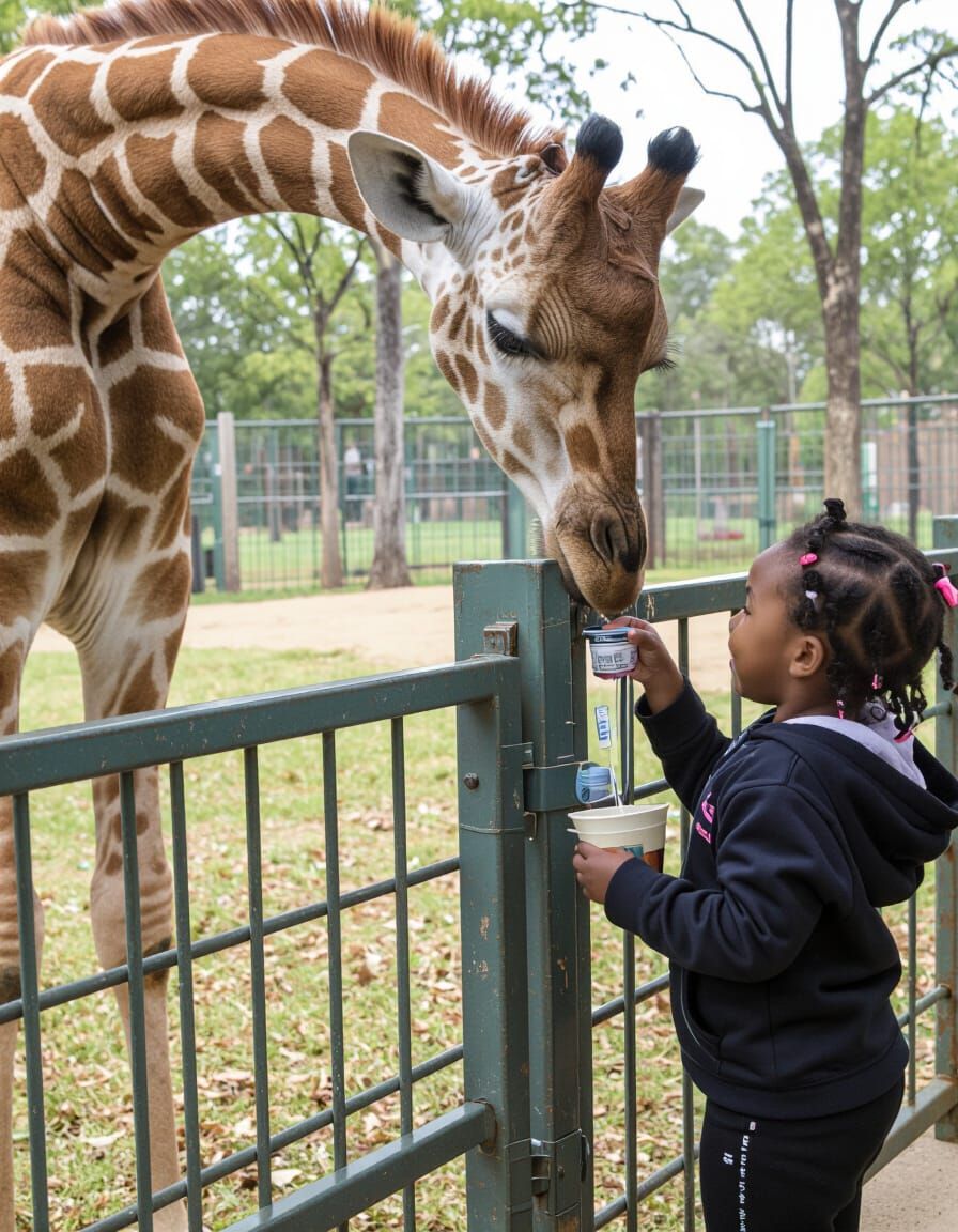 Baby Giraffe Fed By Young Girl At Zoo