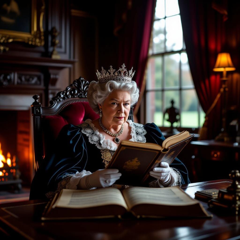 Regal Queen Reads Ancient Document in Ornate Study
