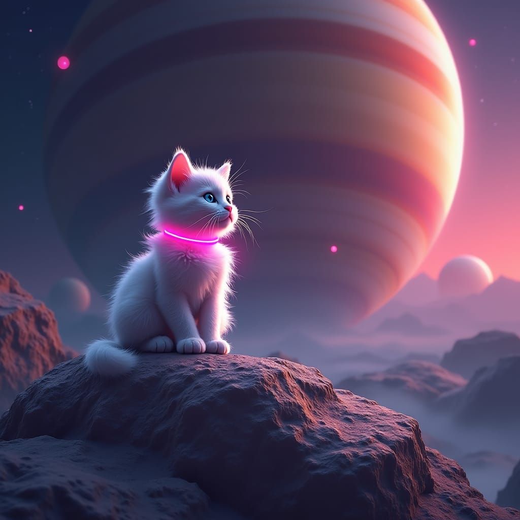 Cute Kitten on Saturn-like Planet with Pink Collar