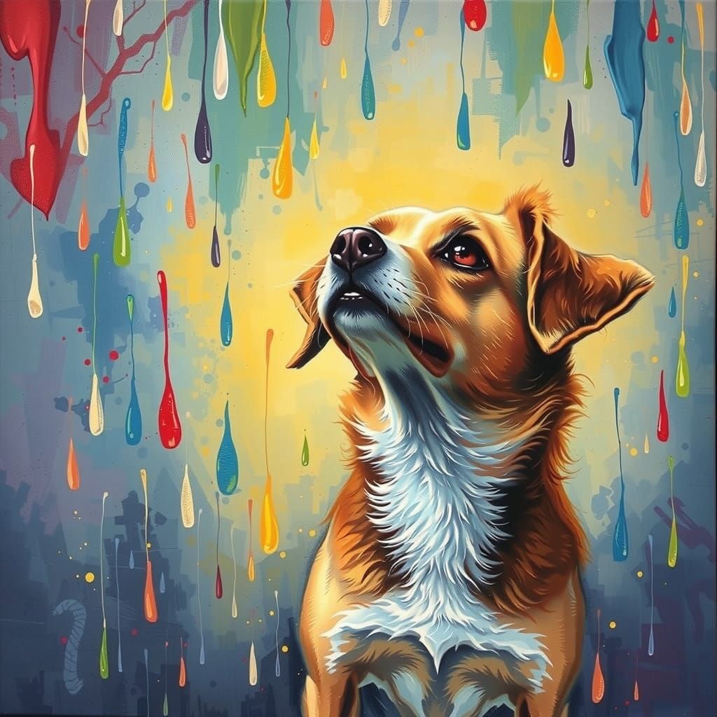 Whimsical Watercolor Scene with Dog in Rainy Day Wonderland