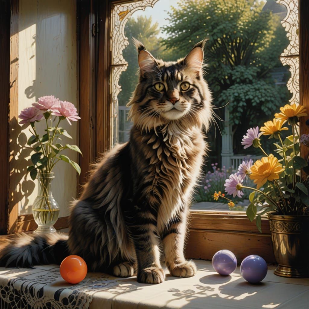 Fluffy Mainecoon Kitten Plays with Pingpong Ball in Sunny Vi...