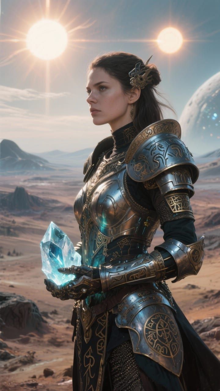 Stoic Warrior Woman in Alien Landscape
