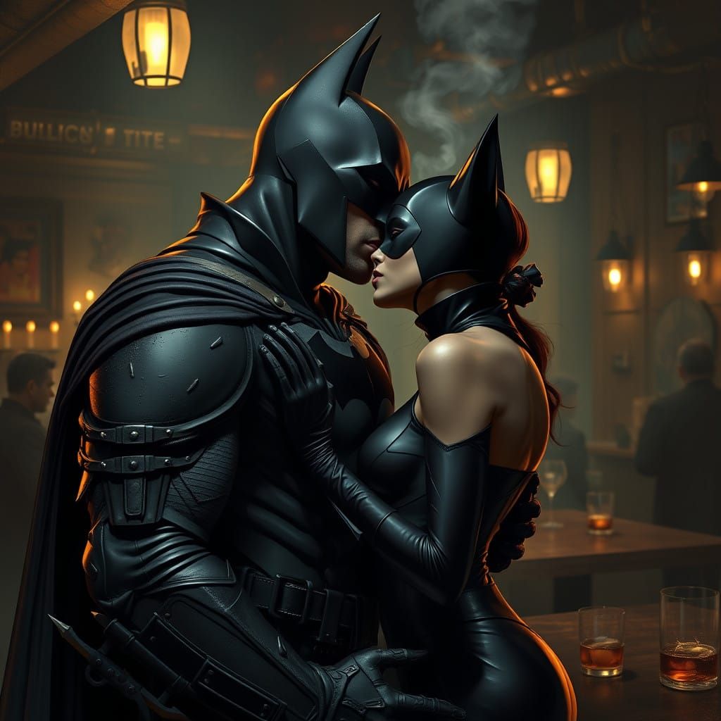 Batman and Catwoman Share a Passionate Kiss in a Smoky Noir-...