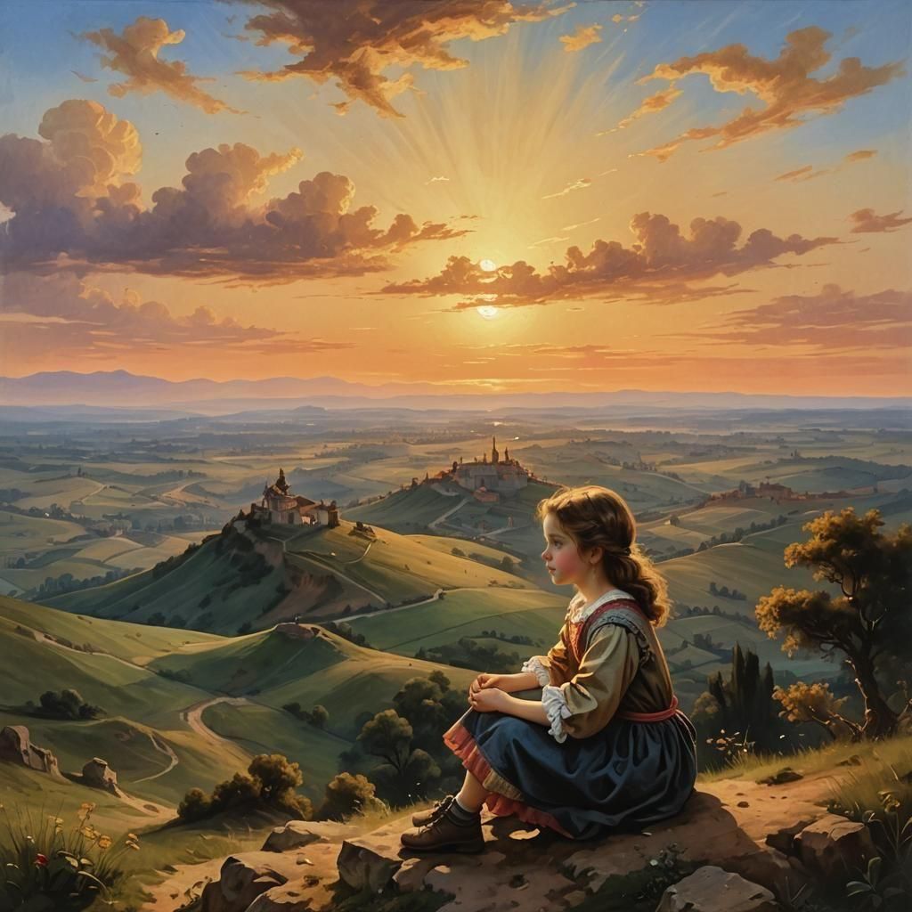 Baroque Painting of Girl at Sunset