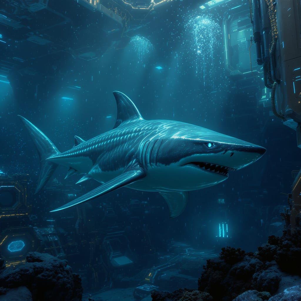 Neo-Futuristic Shark Embodying Strength Underwater